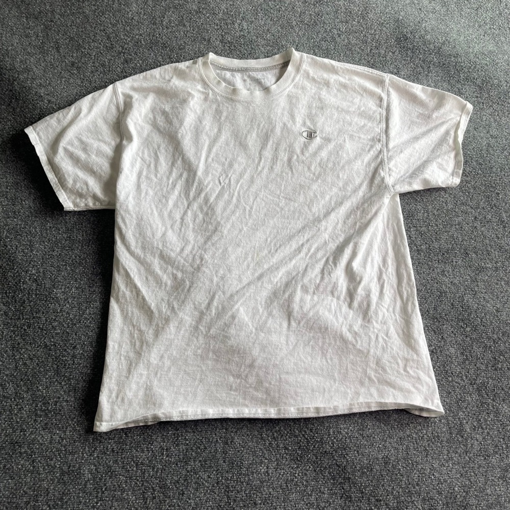 Champion Mens White Embroidered Logo Short Sleeve Crewneck T-Shirt Size L